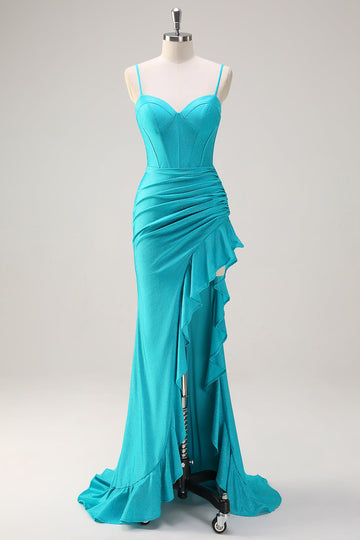 Blu Spaghetti Straps sirena in rilievo corsetto lungo Abito da cerimonia con fessura a balze